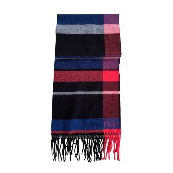 Calvin Klein Womens Hot Pink Navy‎ Blue Black Plaid Scarf Colorblock Soft Scarve - Picture 2 of 3